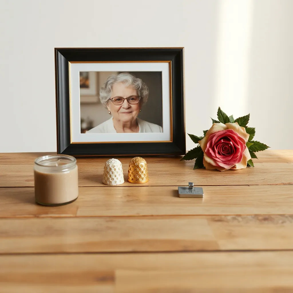 Framed grandmother photo with flowers and a memorial keepsake on a wooden table