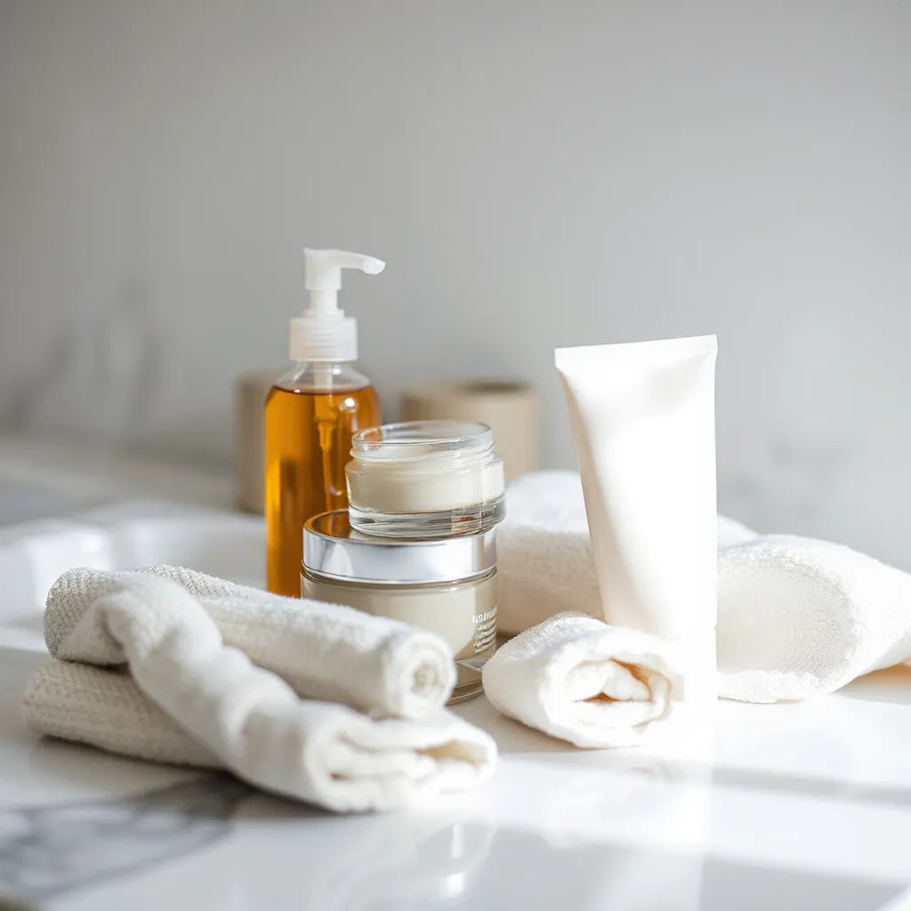 Skincare products arranged on a bathroom vanity with soft morning light