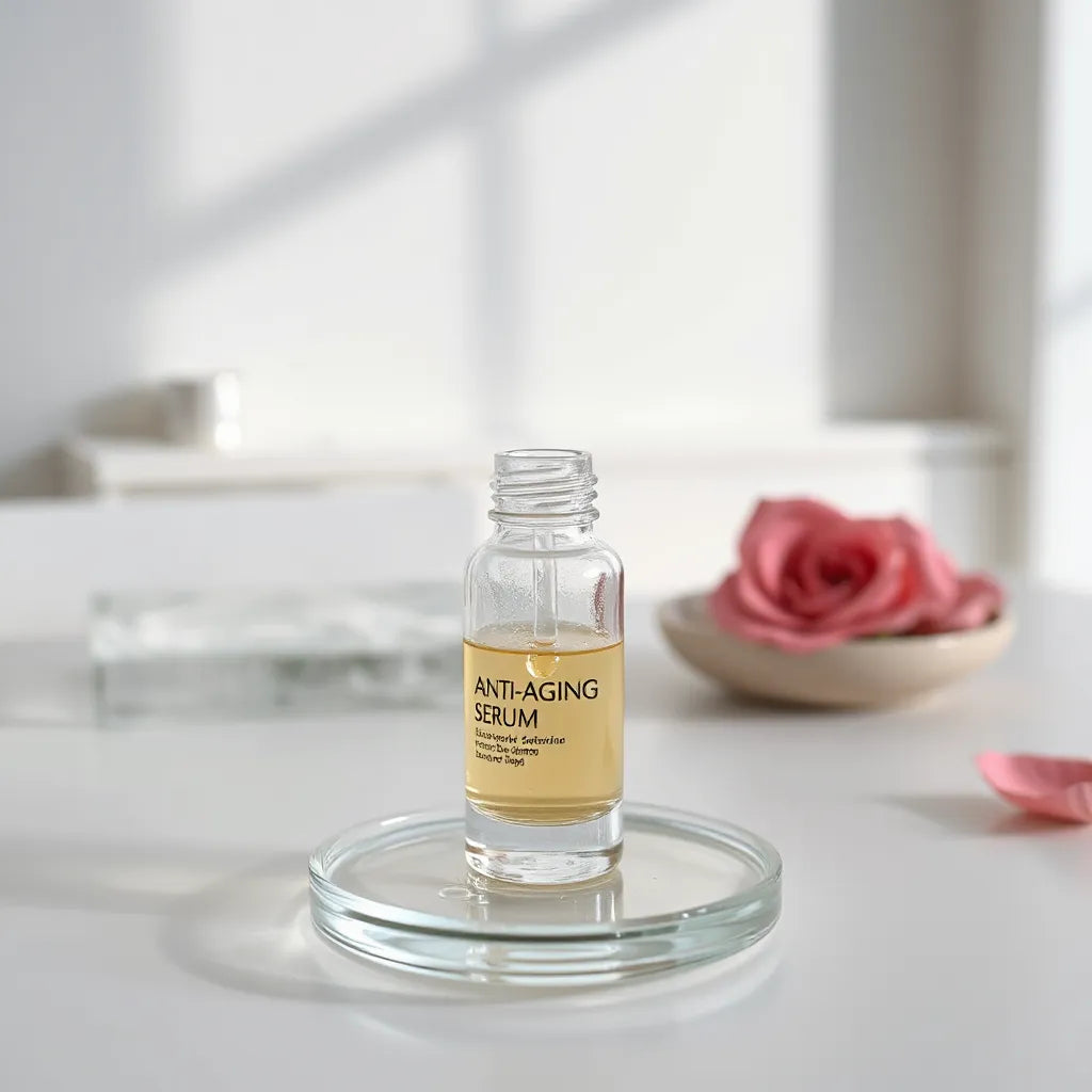 Anti-aging serum bottle with dropper releasing a single drop onto a clean skincare tray