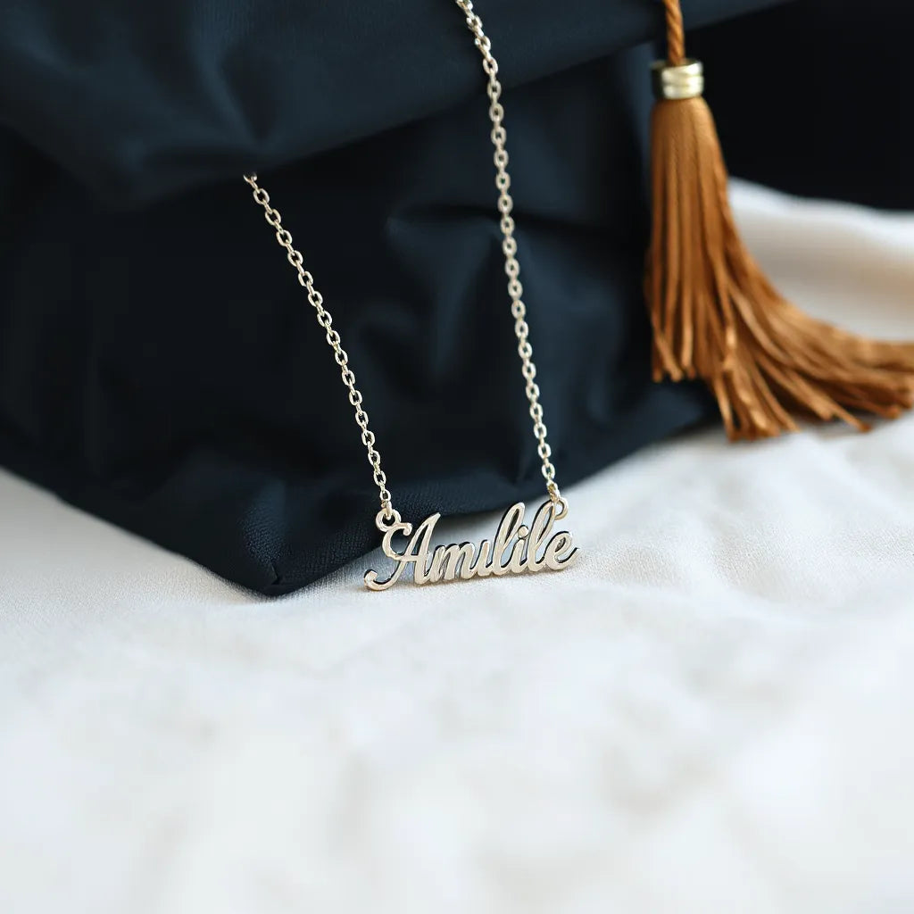 Delicate name necklace pendant resting near a graduation cap with soft fabric background