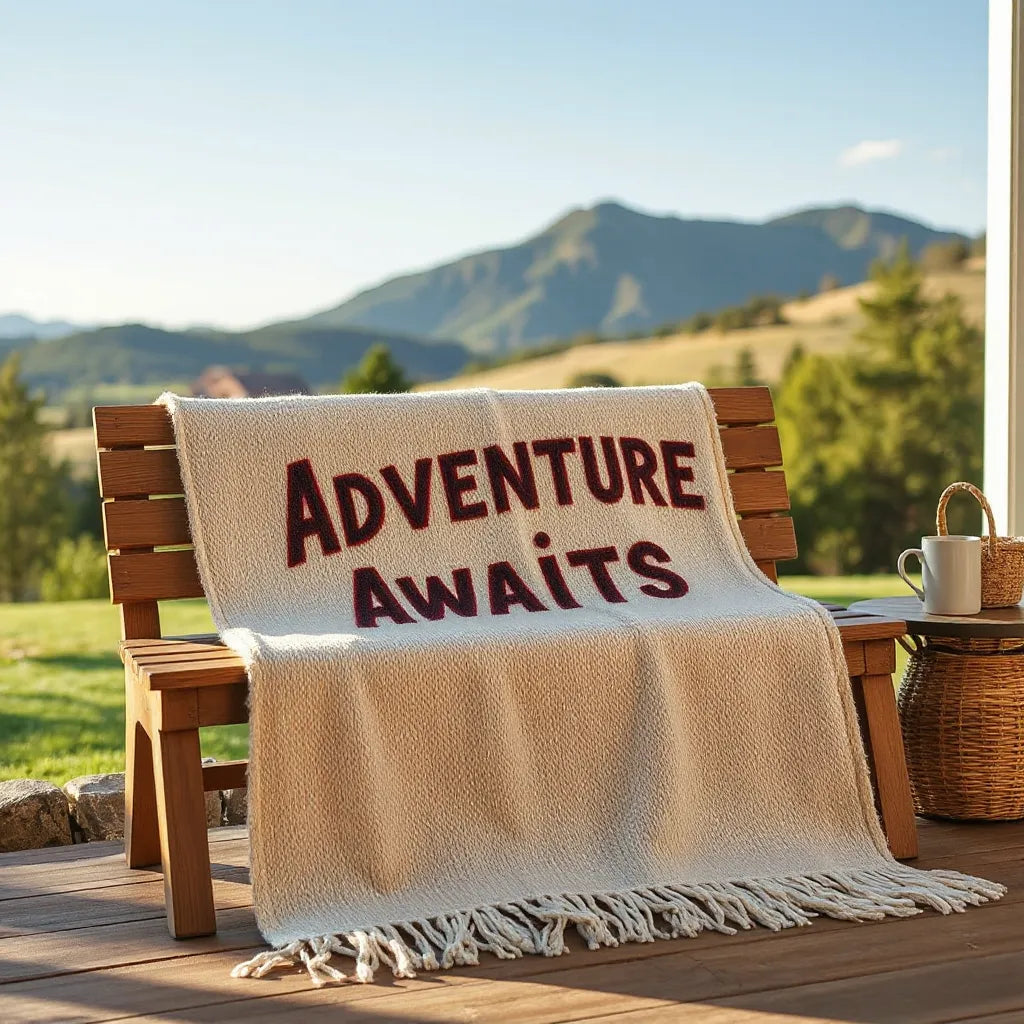 Woven blanket draped on a wooden bench with soft outdoor light and natural surroundings