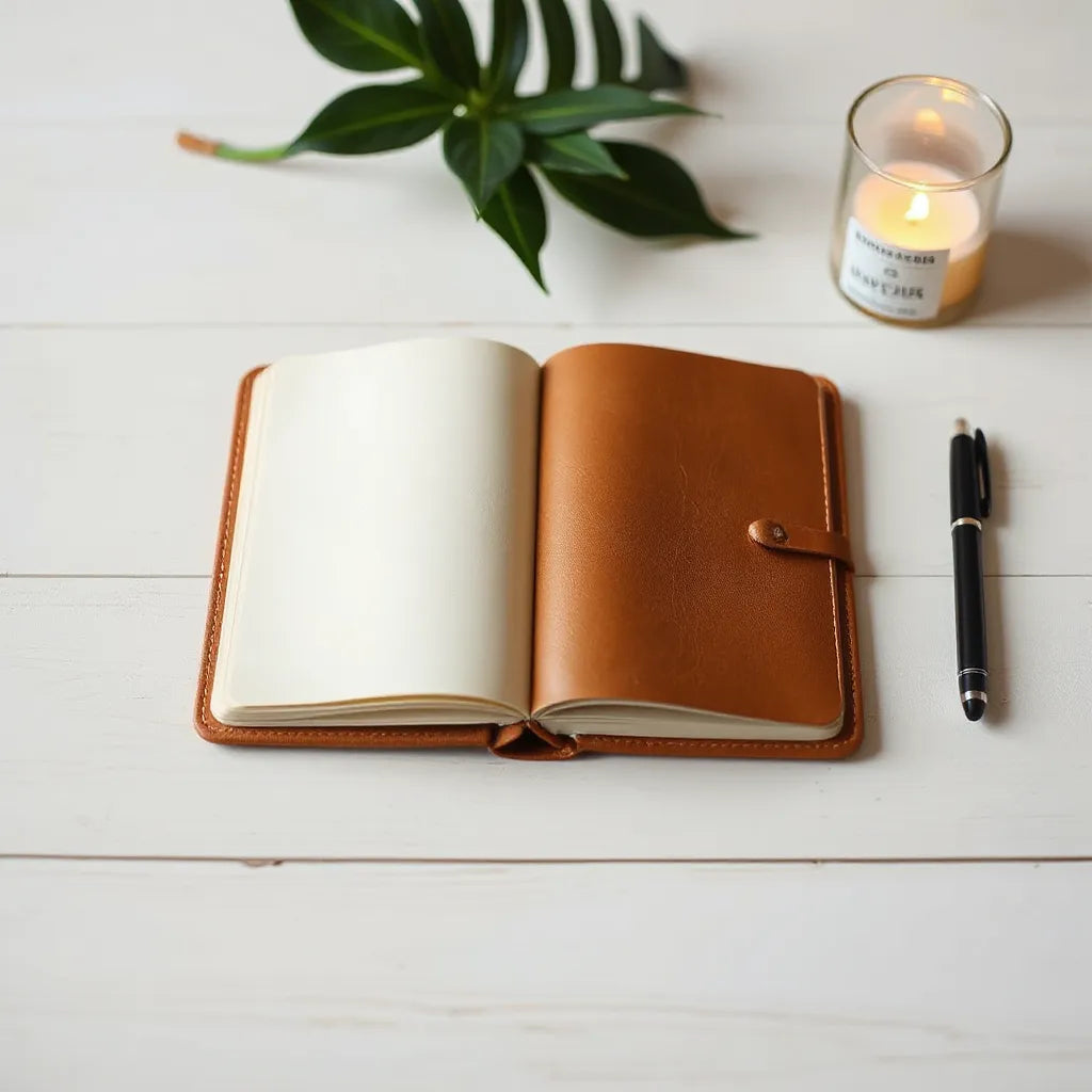 Minimalist vegan leather journal on a wooden desk with a pen and blank pages in soft light