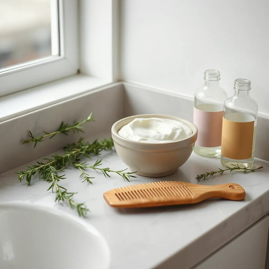 Minimal bathroom scene with vegan hair mask, comb, and glass bottles with herbal accents for healthy shine