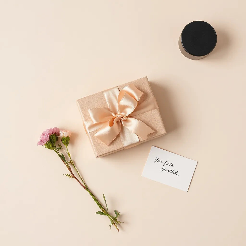 Wrapped gift box with ribbon, small flowers, and a greeting card on a neutral background