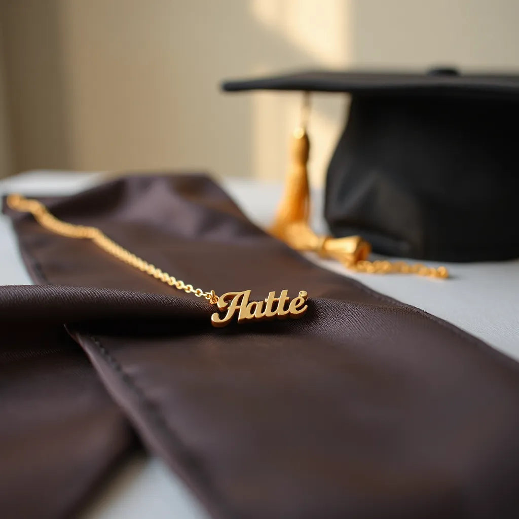 Gold-toned name necklace on graduation sash with a cap softly blurred in the background