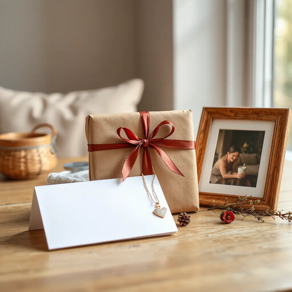 Wrapped gift box, blank greeting card, and small framed photo on a wooden table with soft window light