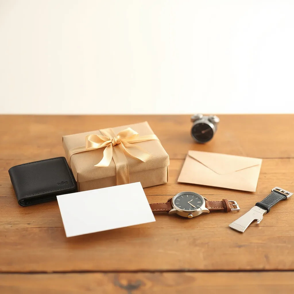 Neatly wrapped gifts with accessories like a watch and grooming kit on a wooden table