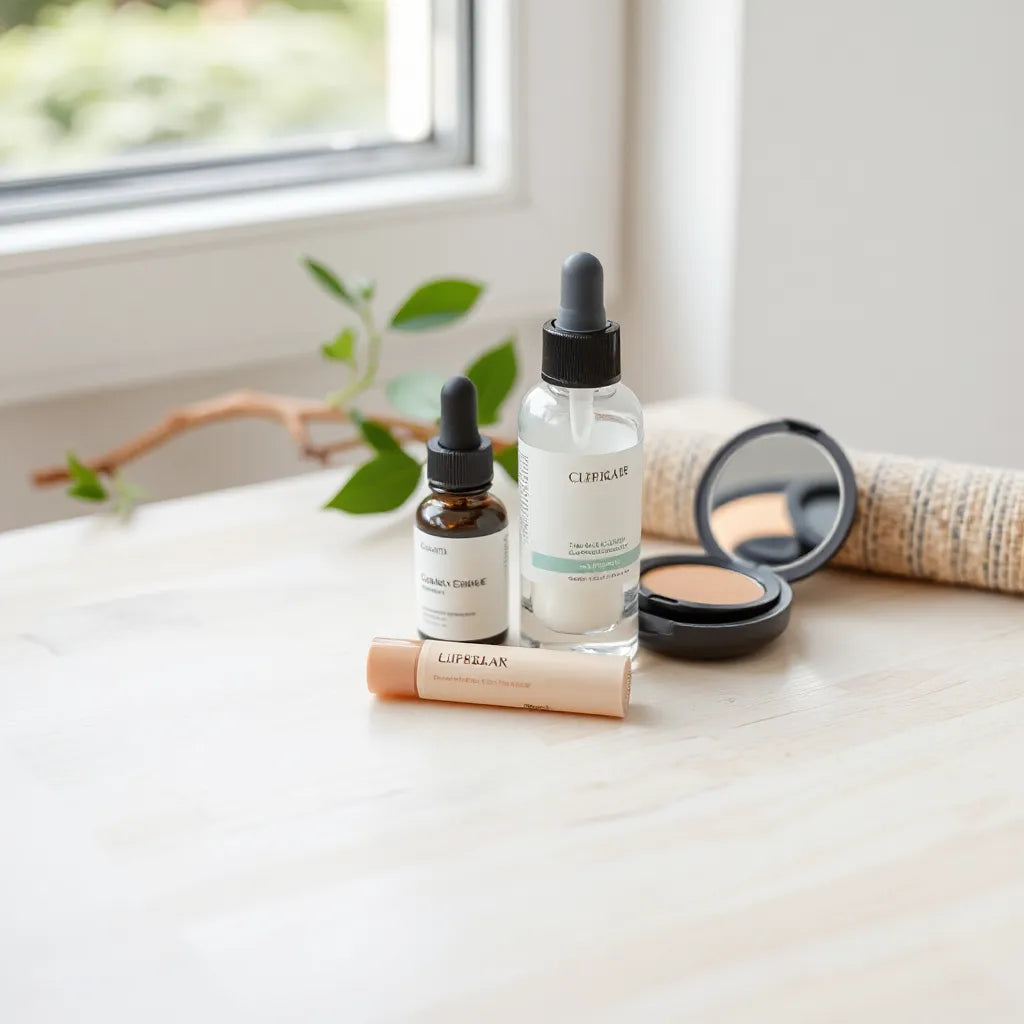Skincare and makeup items arranged neatly with soft natural light on a clean neutral surface