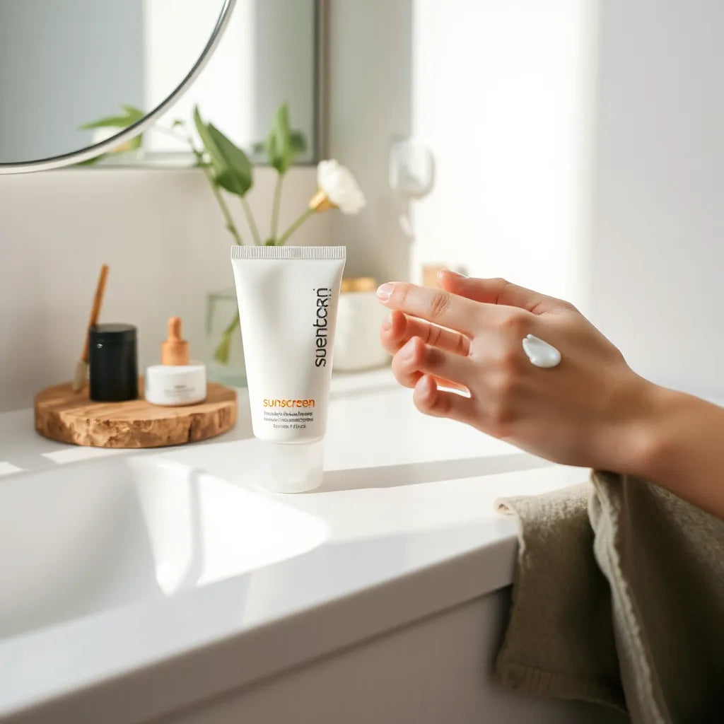 Mineral sunscreen cream being applied to skin on a clean countertop in soft daylight
