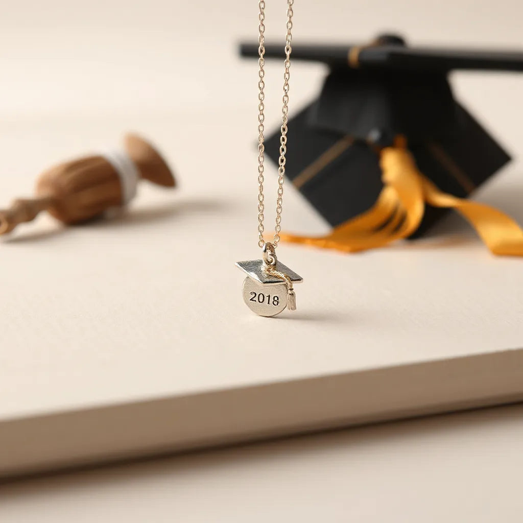 Graduation cap charm necklace with personalized engraved detail on a delicate chain