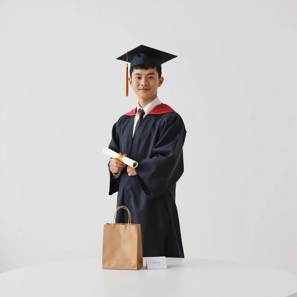 Graduate in cap and gown holding a diploma with gift bag and card on a clean table
