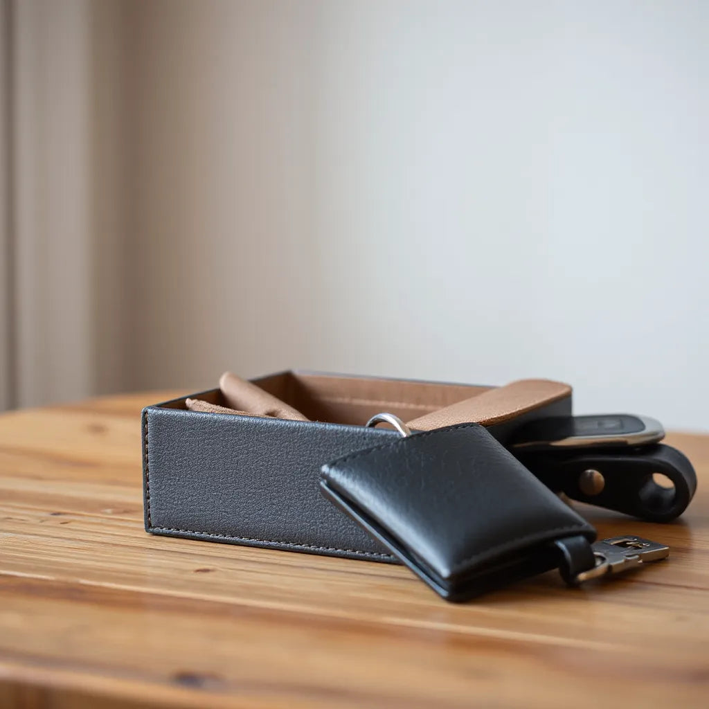 Open leather gift box on a wooden table with a wallet and key holder in warm light