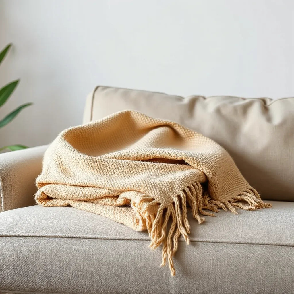 Neatly folded woven blanket with visible texture on a neutral sofa in soft daylight