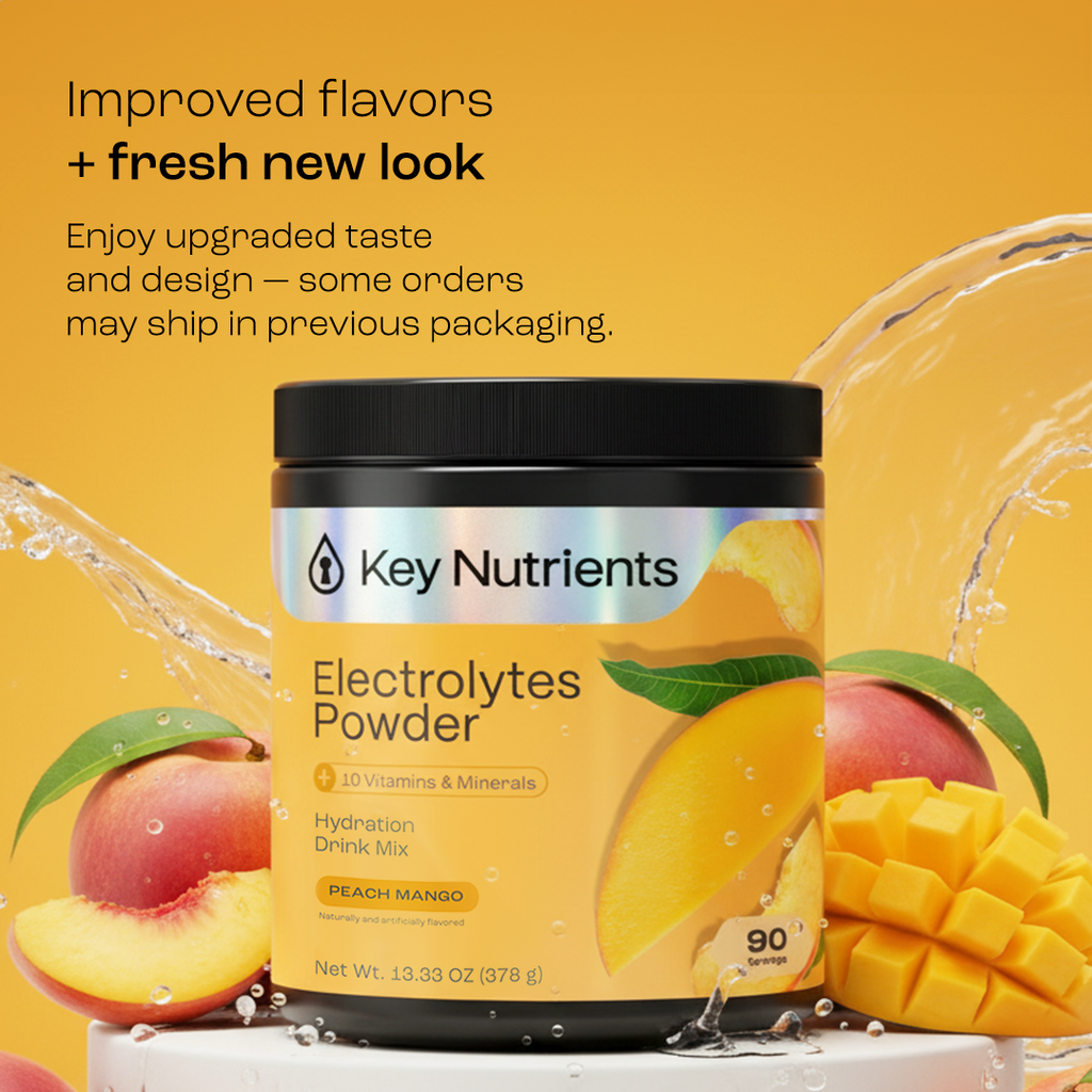 Sugar-Free Electrolyte Recovery Powder for Hydration in a vibrant packaging with peach mango flavor.