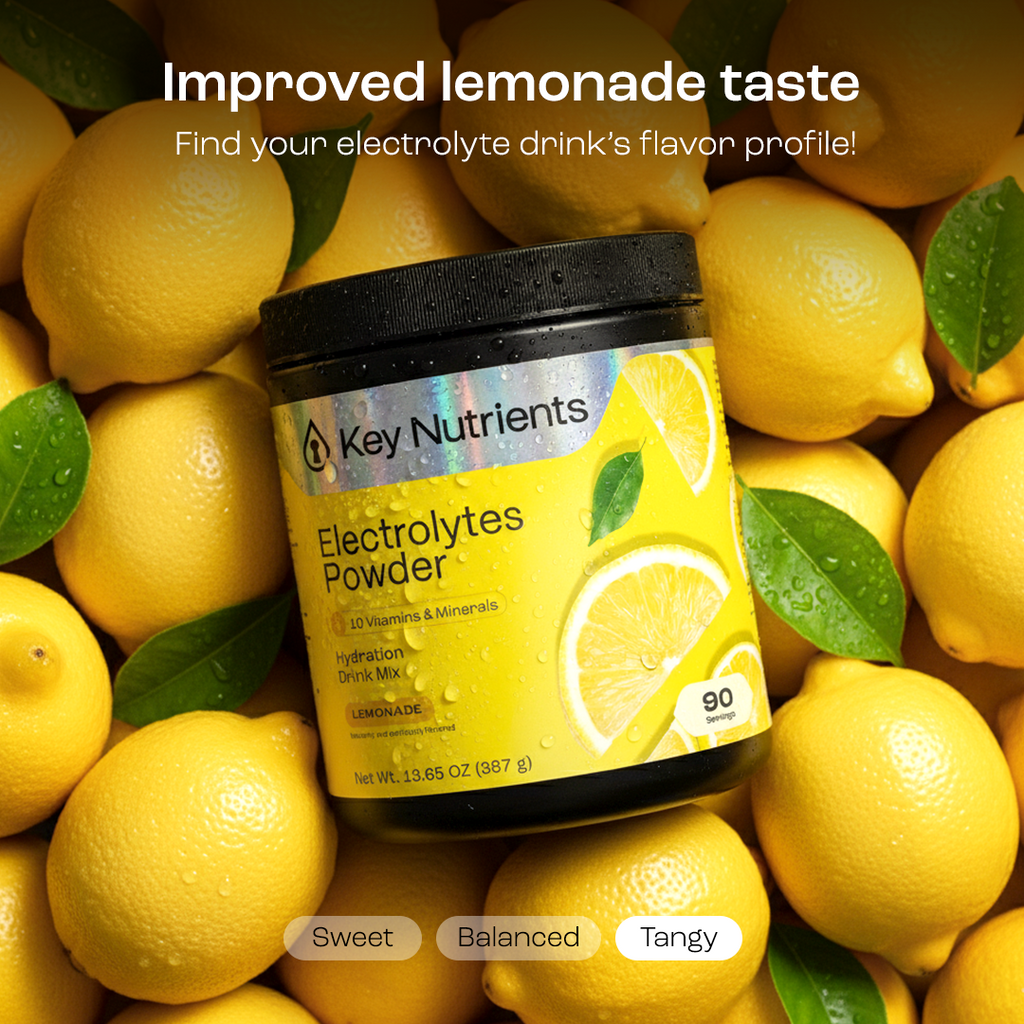 Sugar-Free Electrolyte Recovery Powder for Hydration with improved lemonade flavor and essential vitamins.