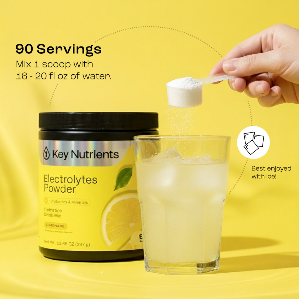 Sugar-Free Electrolyte Recovery Powder for Hydration with lemonade drink mix and a scoop.
