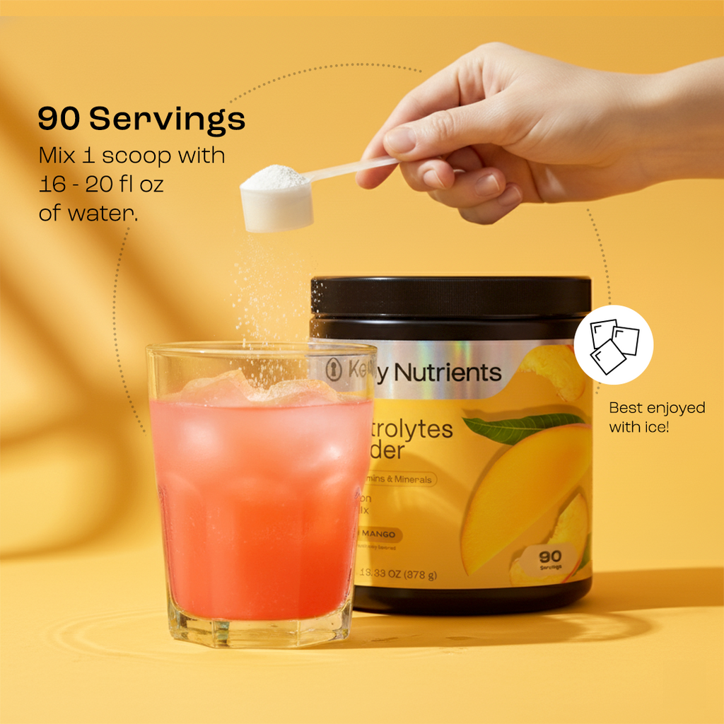 Sugar-Free Electrolyte Recovery Powder for Hydration mixed in glass with ice, ideal hydration solution.
