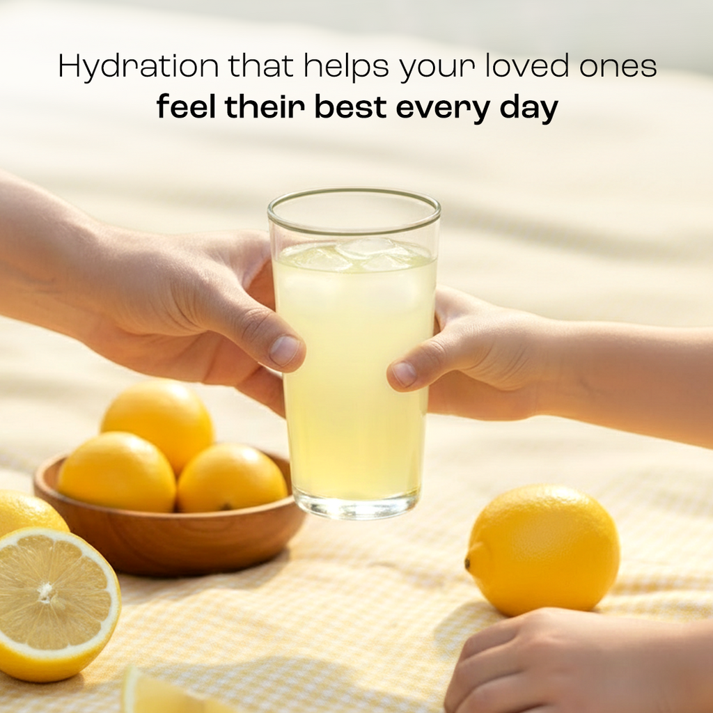 Sugar-Free Electrolyte Recovery Powder for Hydration being enjoyed by loved ones with fresh lemons.