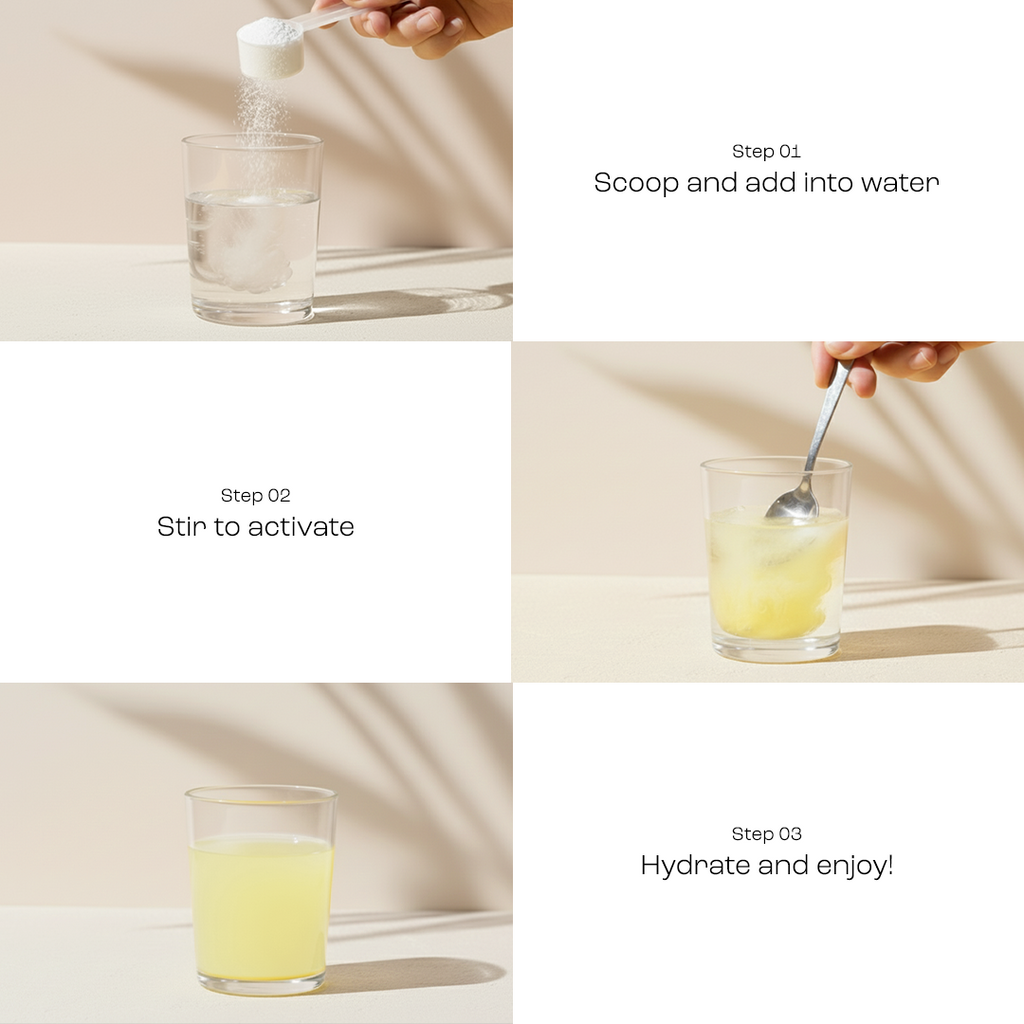 Steps to prepare Sugar-Free Electrolyte Recovery Powder for Hydration: add powder to water, stir, and enjoy.