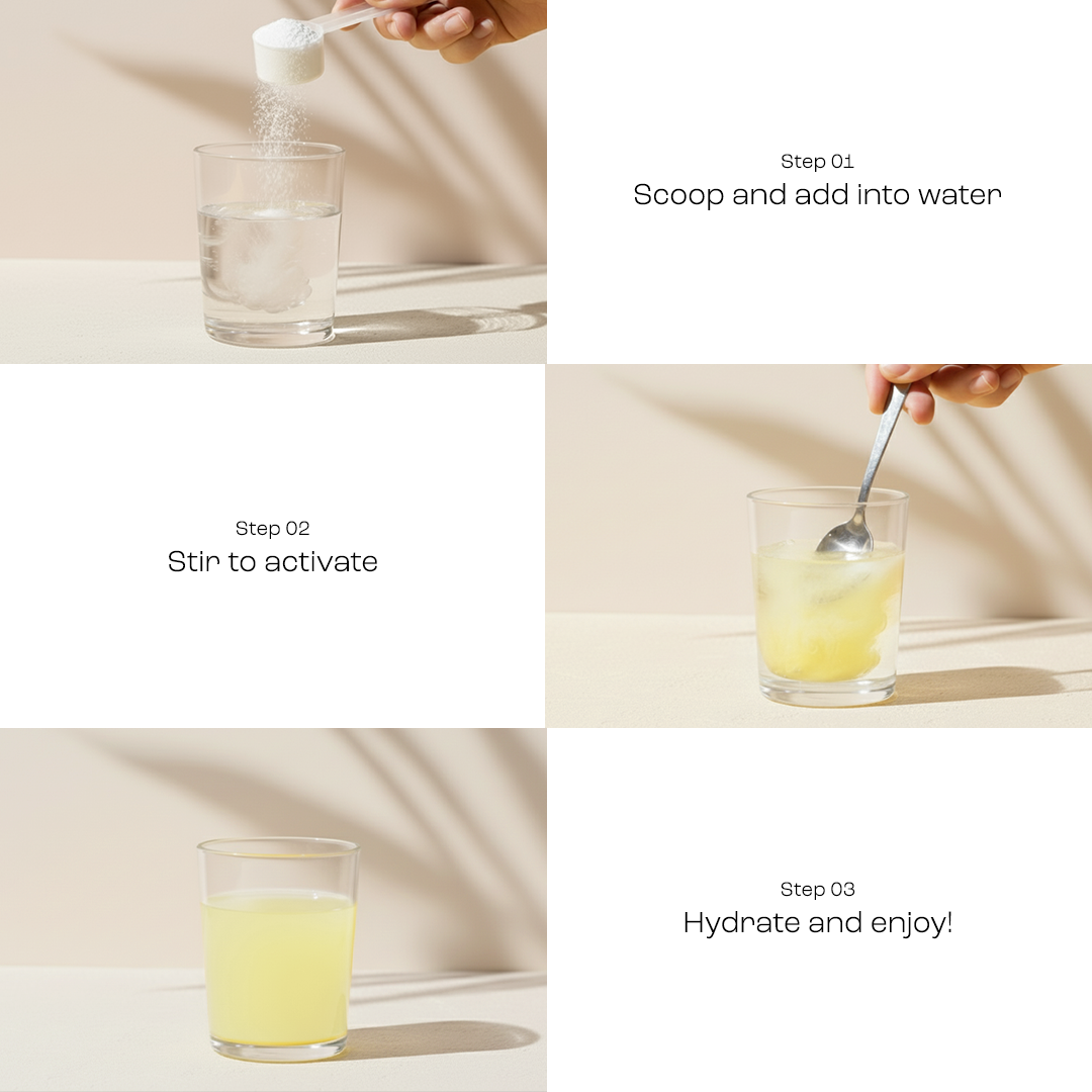 Steps to prepare Sugar-Free Electrolyte Recovery Powder for Hydration: add powder to water, stir, and enjoy.