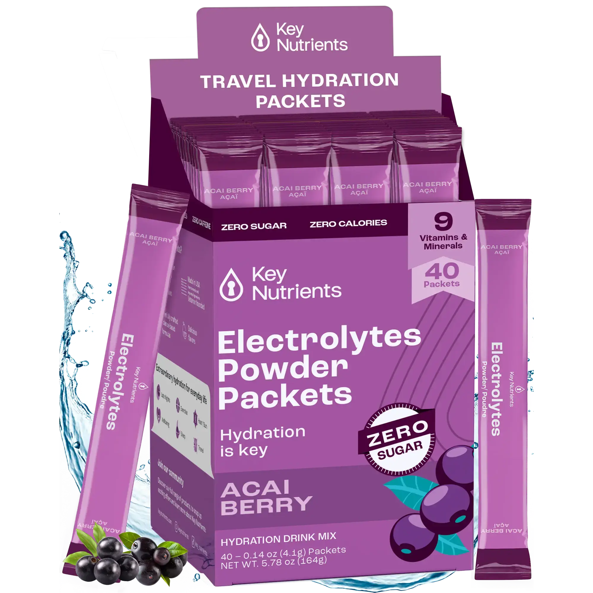 Sugar-Free Electrolyte Recovery Powder for Hydration travel hydration packets in Acai Berry flavor.