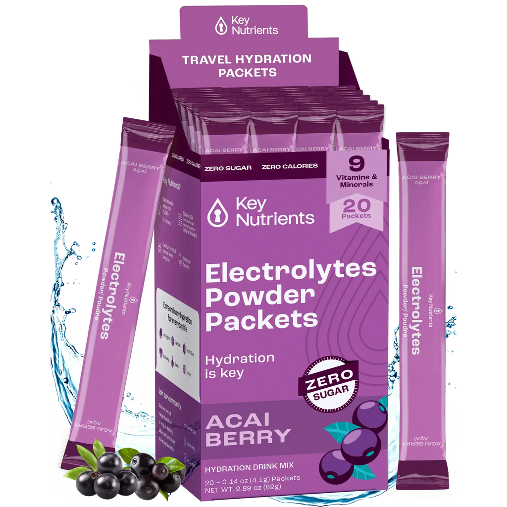Sugar-Free Electrolyte Recovery Powder for Hydration in travel packets with Acai Berry flavor.