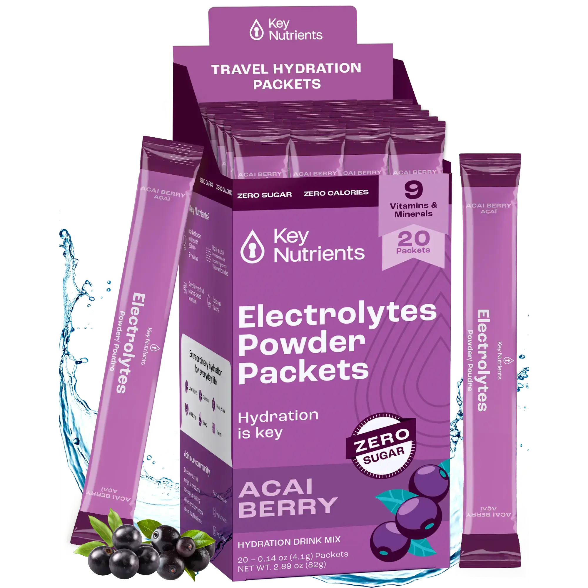 Sugar-Free Electrolyte Recovery Powder for Hydration in travel packets with Acai Berry flavor.
