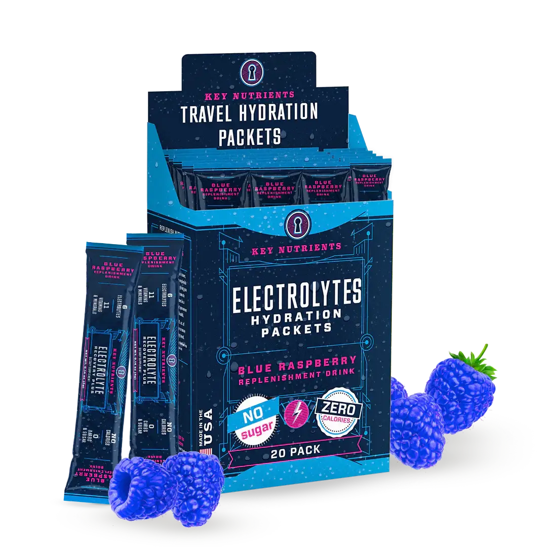 Sugar-Free Electrolyte Recovery Powder for Hydration blue raspberry travel hydration packets on display.