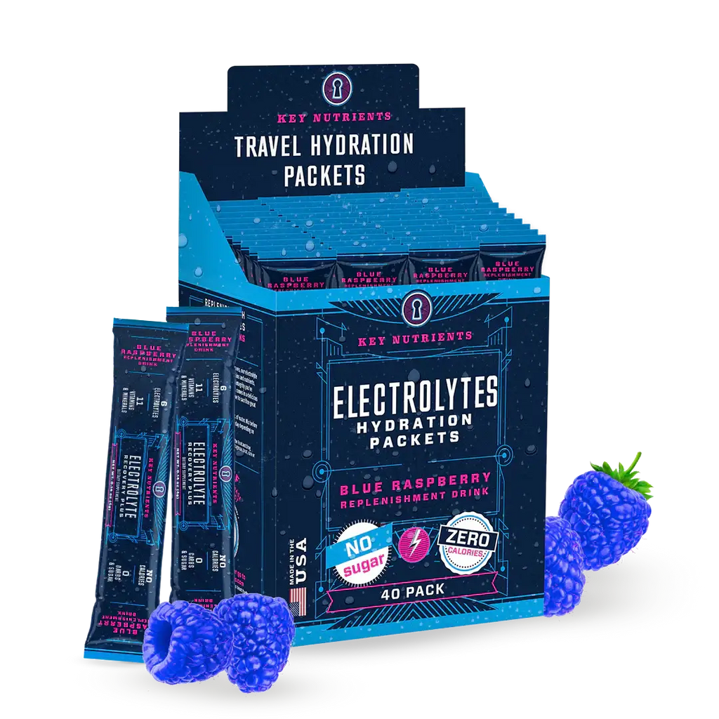 Sugar-Free Electrolyte Recovery Powder for Hydration - Blue Raspberry flavor hydration packets in a travel pack.