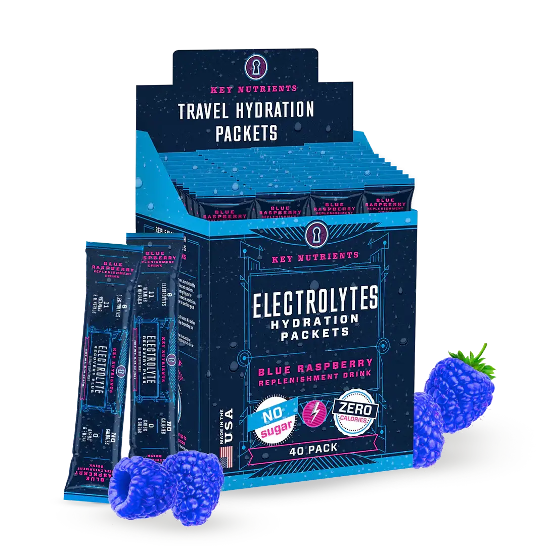 Sugar-Free Electrolyte Recovery Powder for Hydration - Blue Raspberry flavor hydration packets in a travel pack.