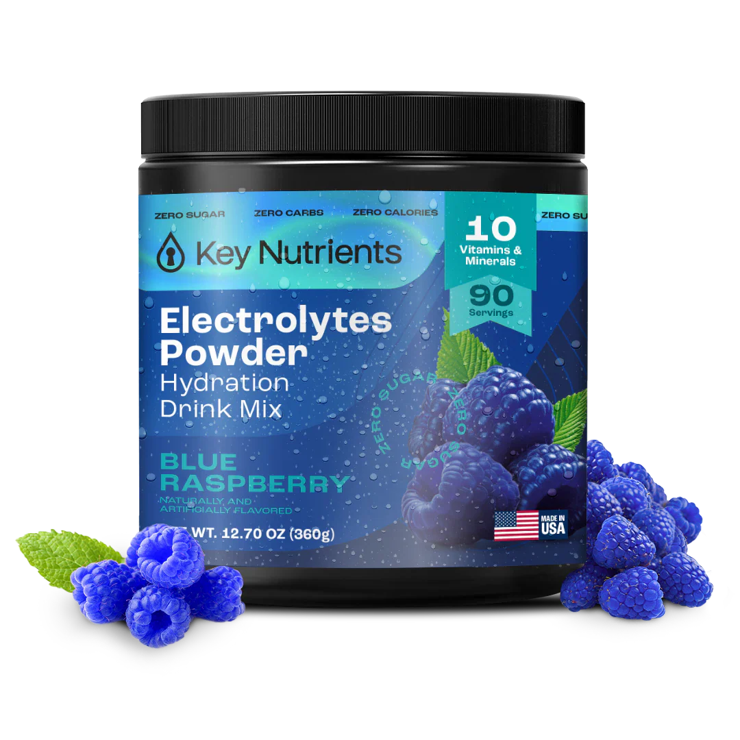 Sugar-Free Electrolyte Recovery Powder for Hydration in Blue Raspberry flavor by Key Nutrients, 90 servings.