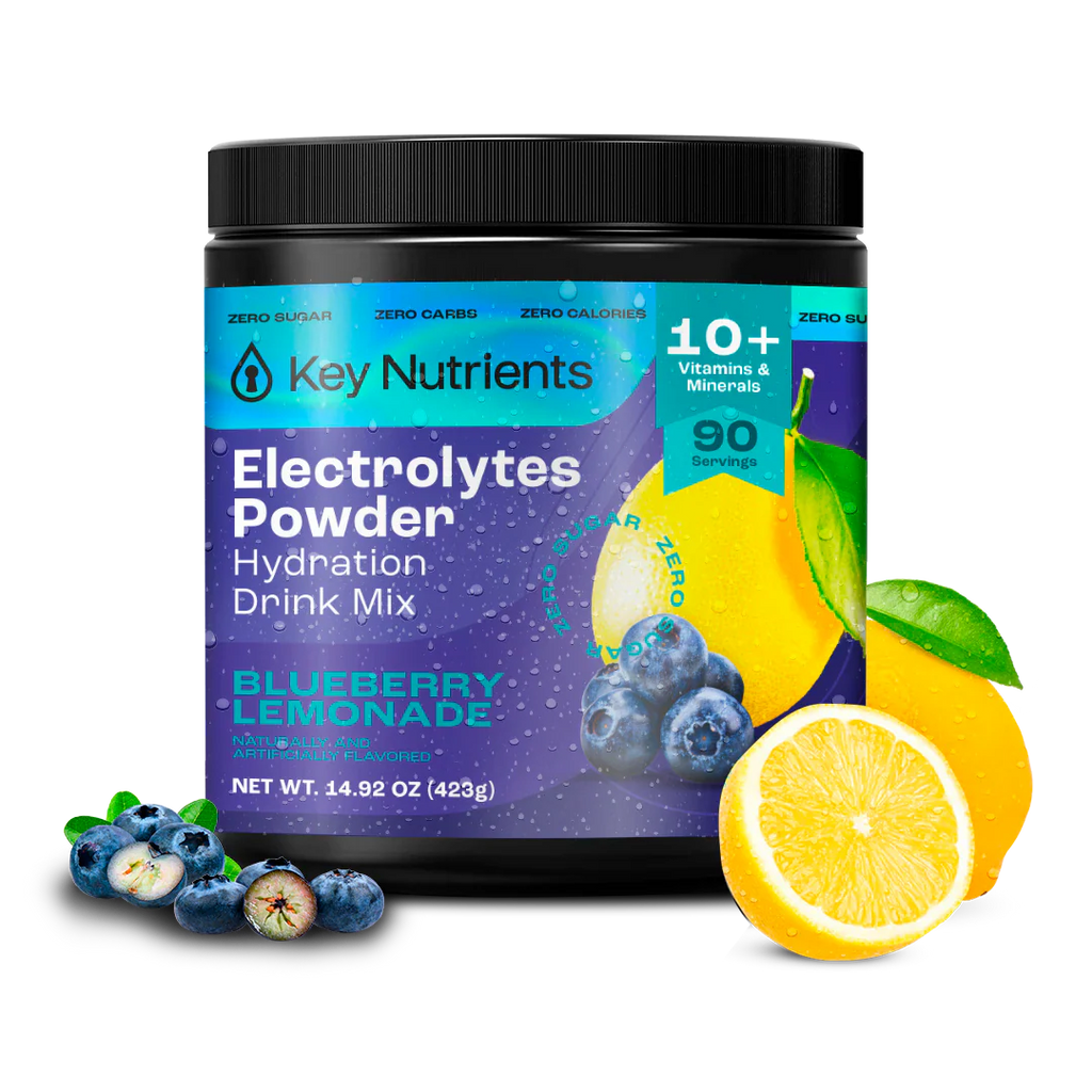 Sugar-Free Electrolyte Recovery Powder for Hydration in blueberry lemonade flavor with fresh lemons and blueberries.