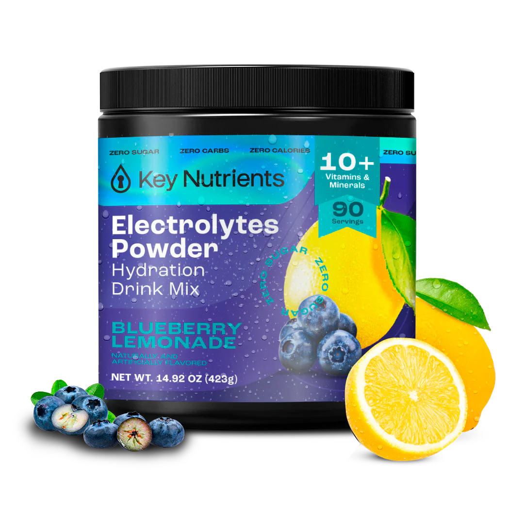 Sugar-Free Electrolyte Recovery Powder for Hydration in blueberry lemonade flavor with fresh lemons and blueberries.