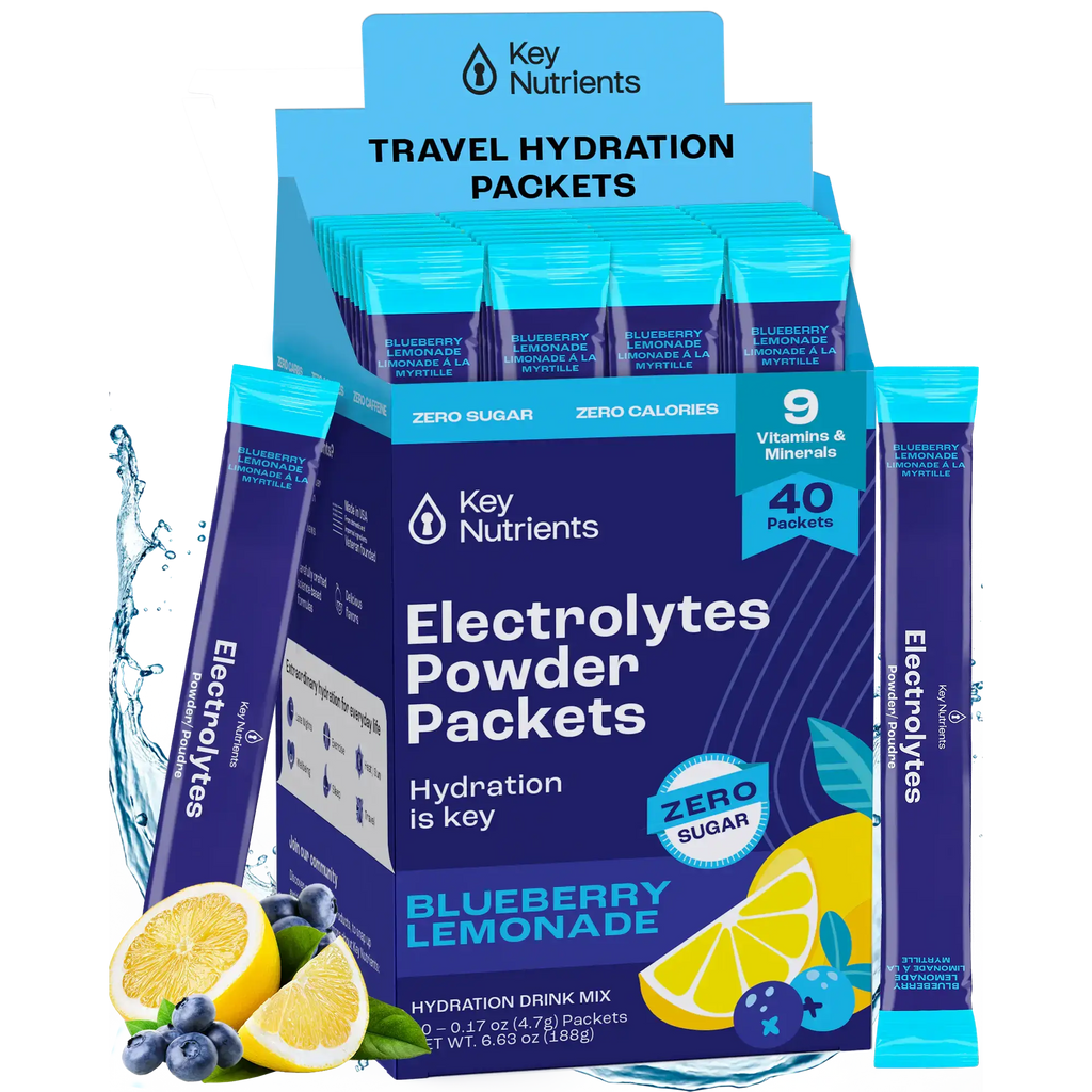 Sugar-Free Electrolyte Recovery Powder for Hydration travel packets in blueberry lemonade flavor.