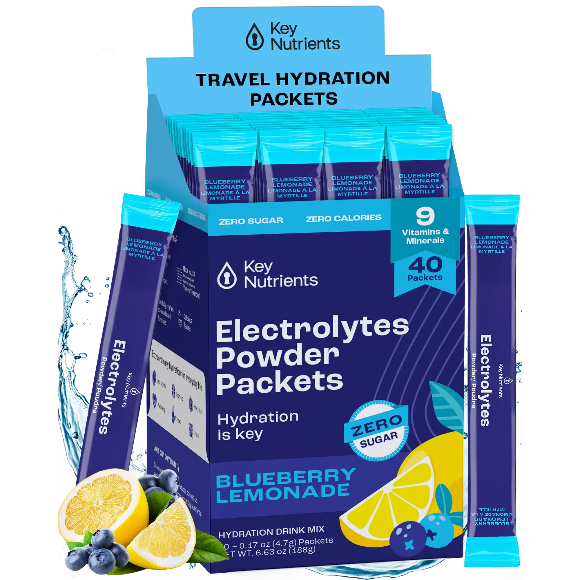 Sugar-Free Electrolyte Recovery Powder for Hydration travel packets in blueberry lemonade flavor.