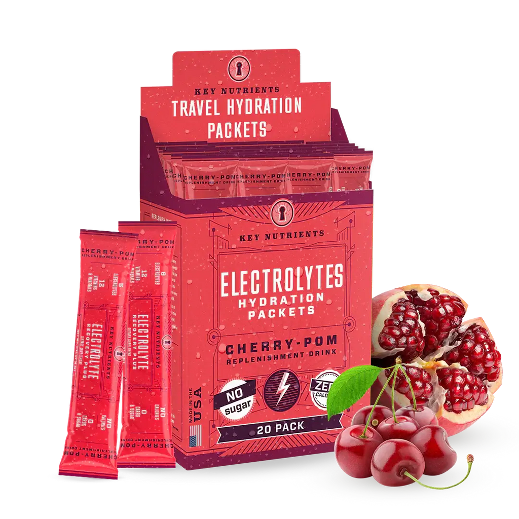 Sugar-Free Electrolyte Recovery Powder for Hydration packets in Cherry-Pom flavor with cherry and pomegranate.