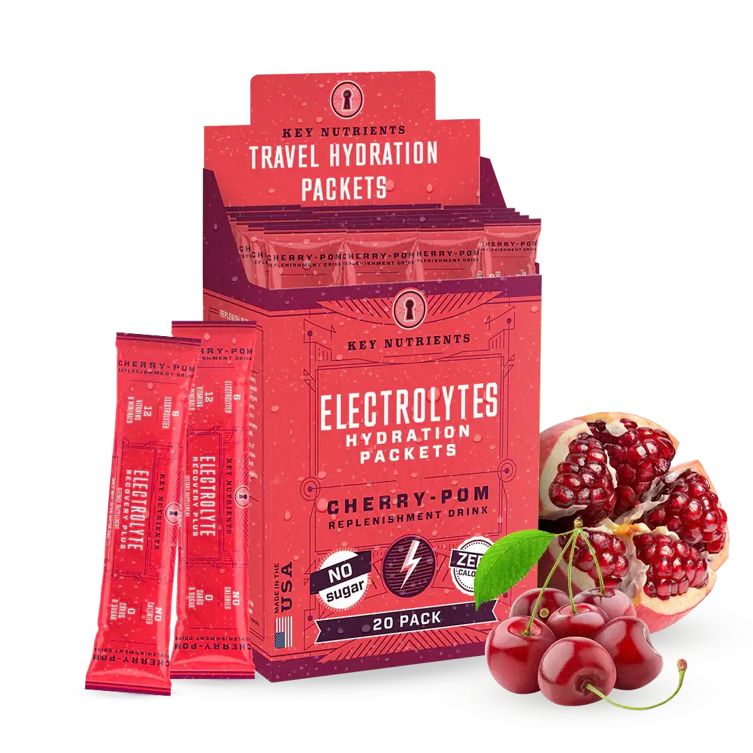 Sugar-Free Electrolyte Recovery Powder for Hydration packets in Cherry-Pom flavor with cherry and pomegranate.