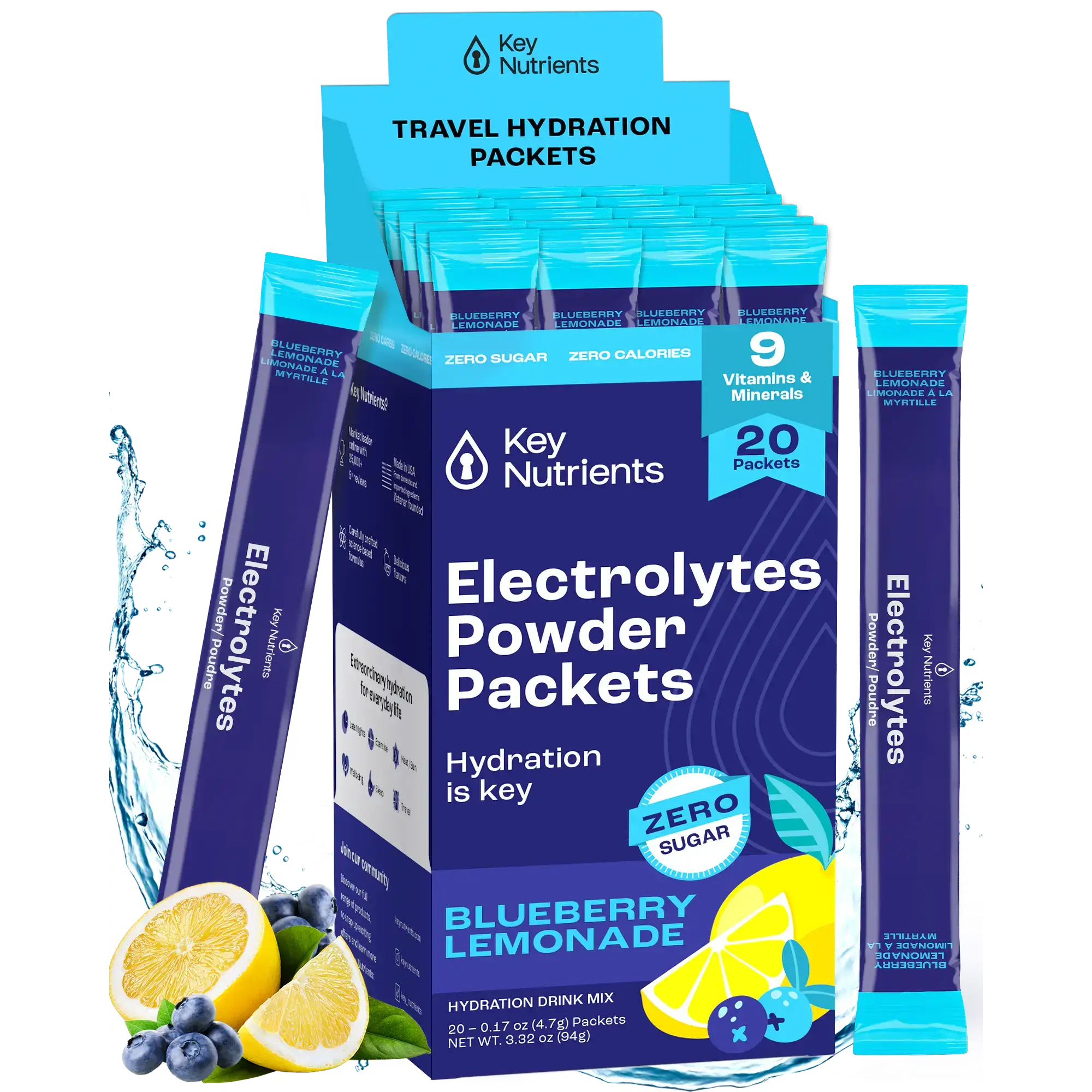 Sugar-Free Electrolyte Recovery Powder for Hydration travel hydration packets with blueberry lemonade flavor
