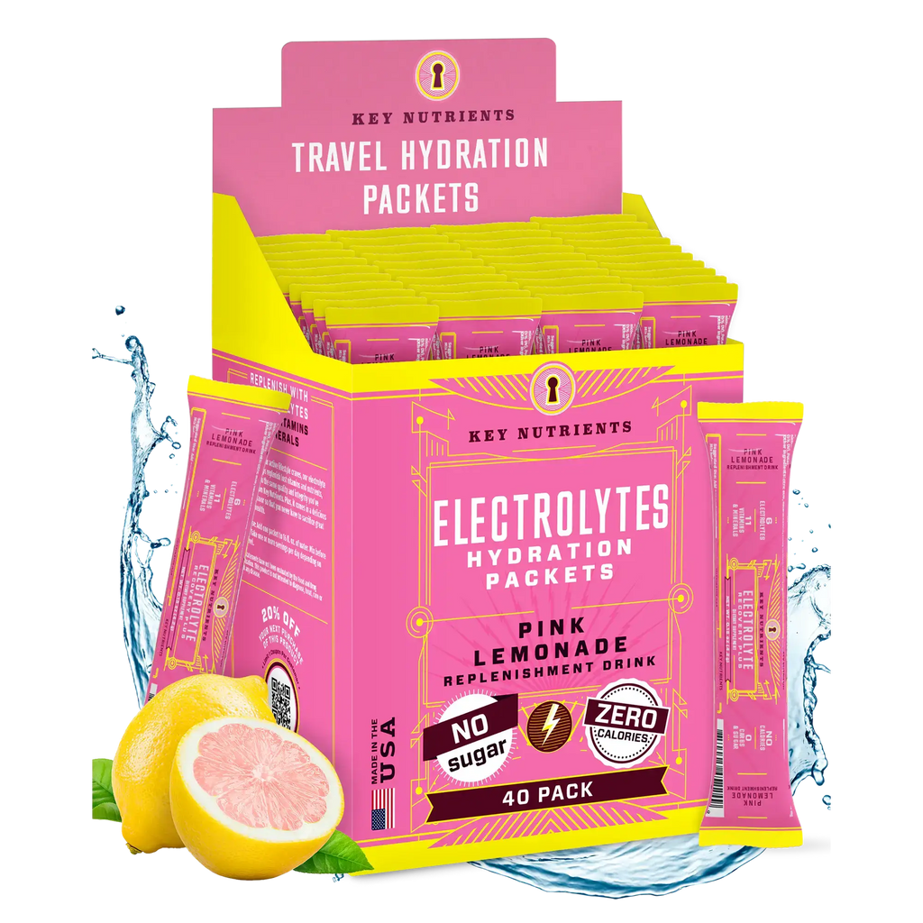 Sugar-Free Electrolyte Recovery Powder for Hydration in travel hydration packets with pink lemonade flavor.