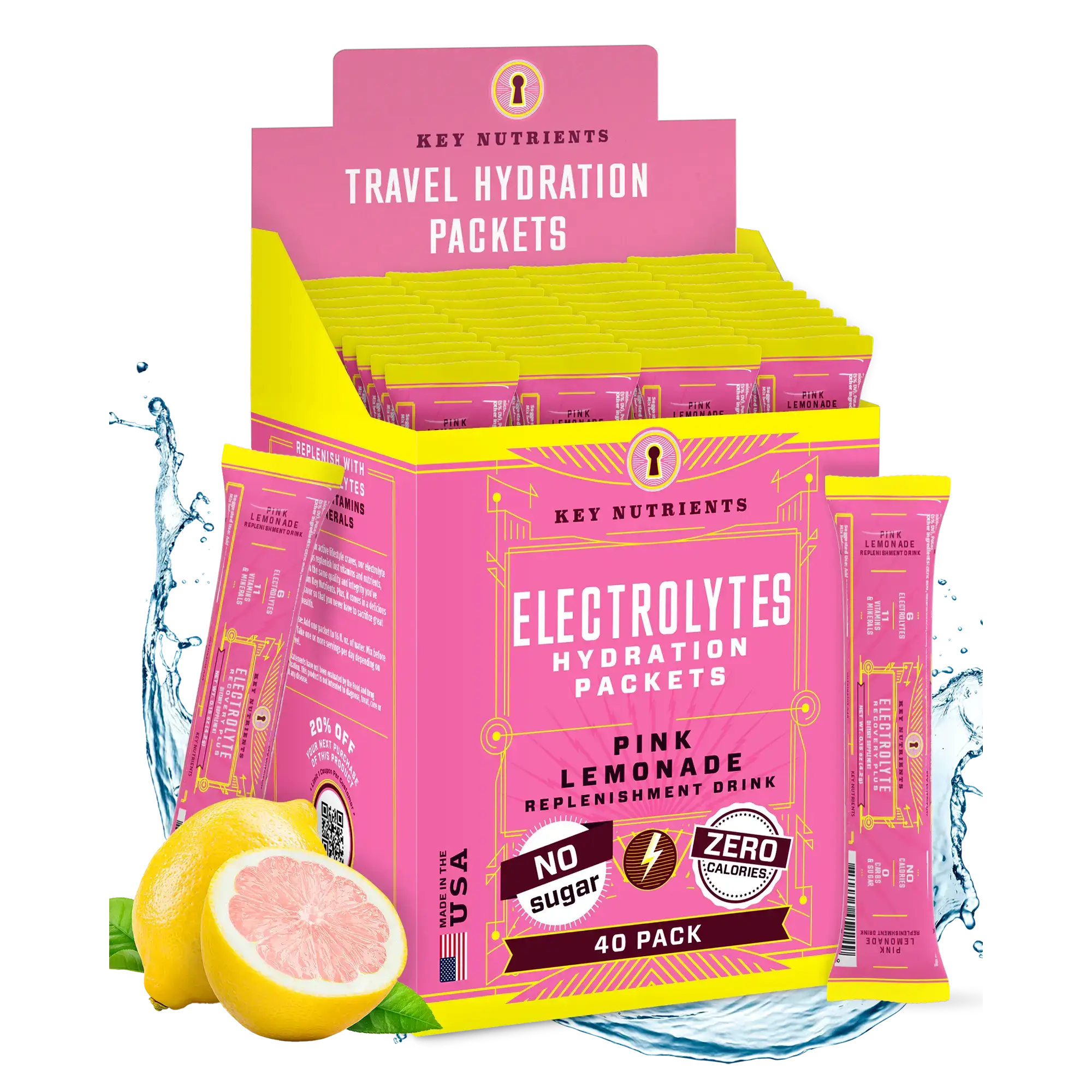 Sugar-Free Electrolyte Recovery Powder for Hydration in travel hydration packets with pink lemonade flavor.