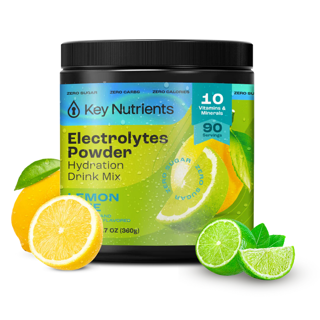 Sugar-Free Electrolyte Recovery Powder for Hydration by Key Nutrients with lemon and lime slices.