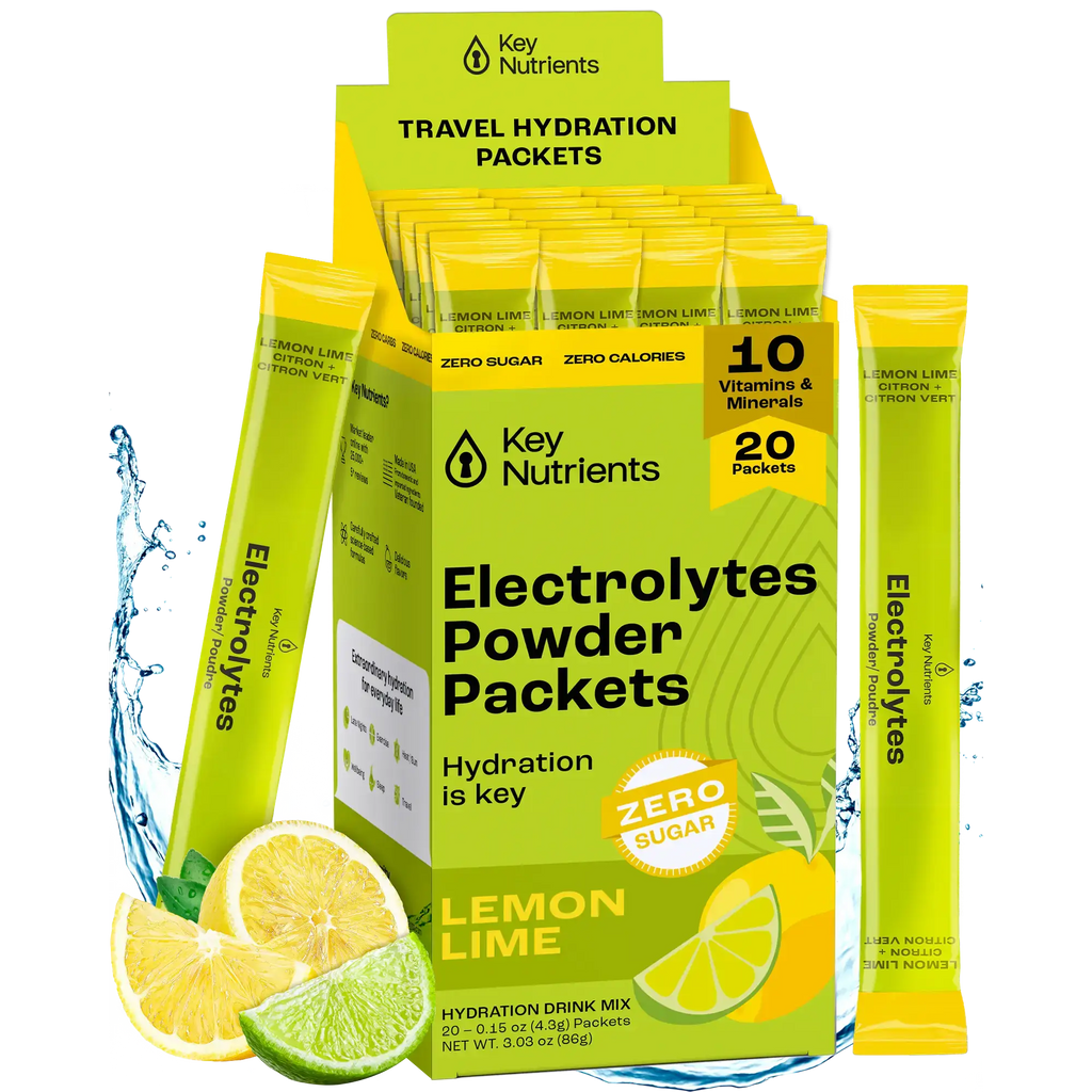 Sugar-Free Electrolyte Recovery Powder for Hydration in lemon lime-flavored packets for essential hydration.