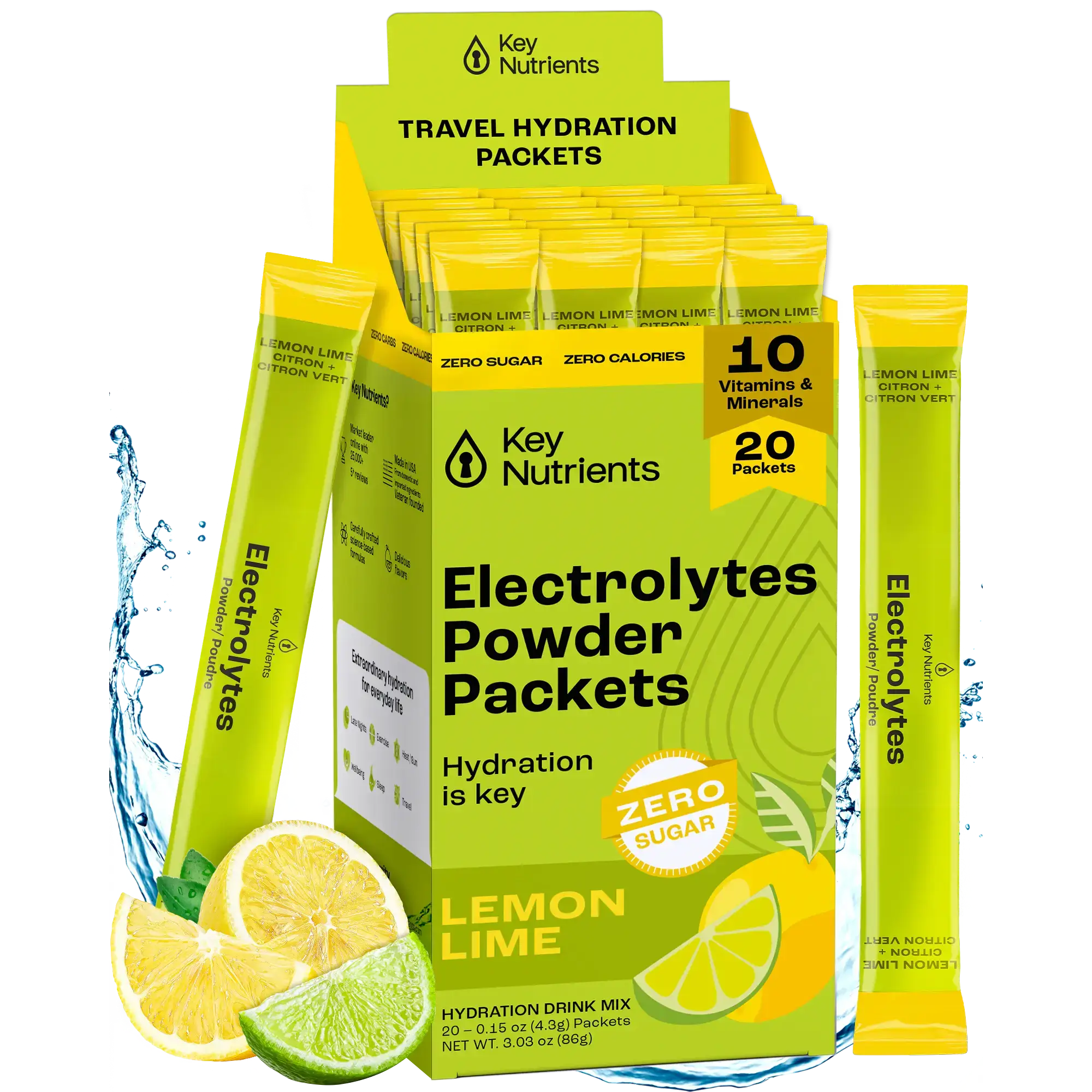 Sugar-Free Electrolyte Recovery Powder for Hydration in lemon lime-flavored packets for essential hydration.