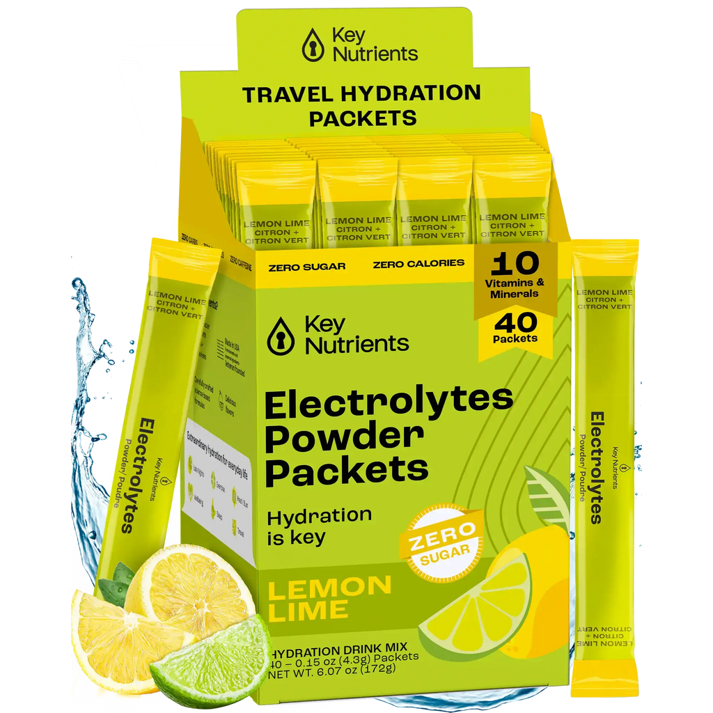 Sugar-Free Electrolyte Recovery Powder for Hydration in convenient travel packets, featuring lemon lime flavor.
