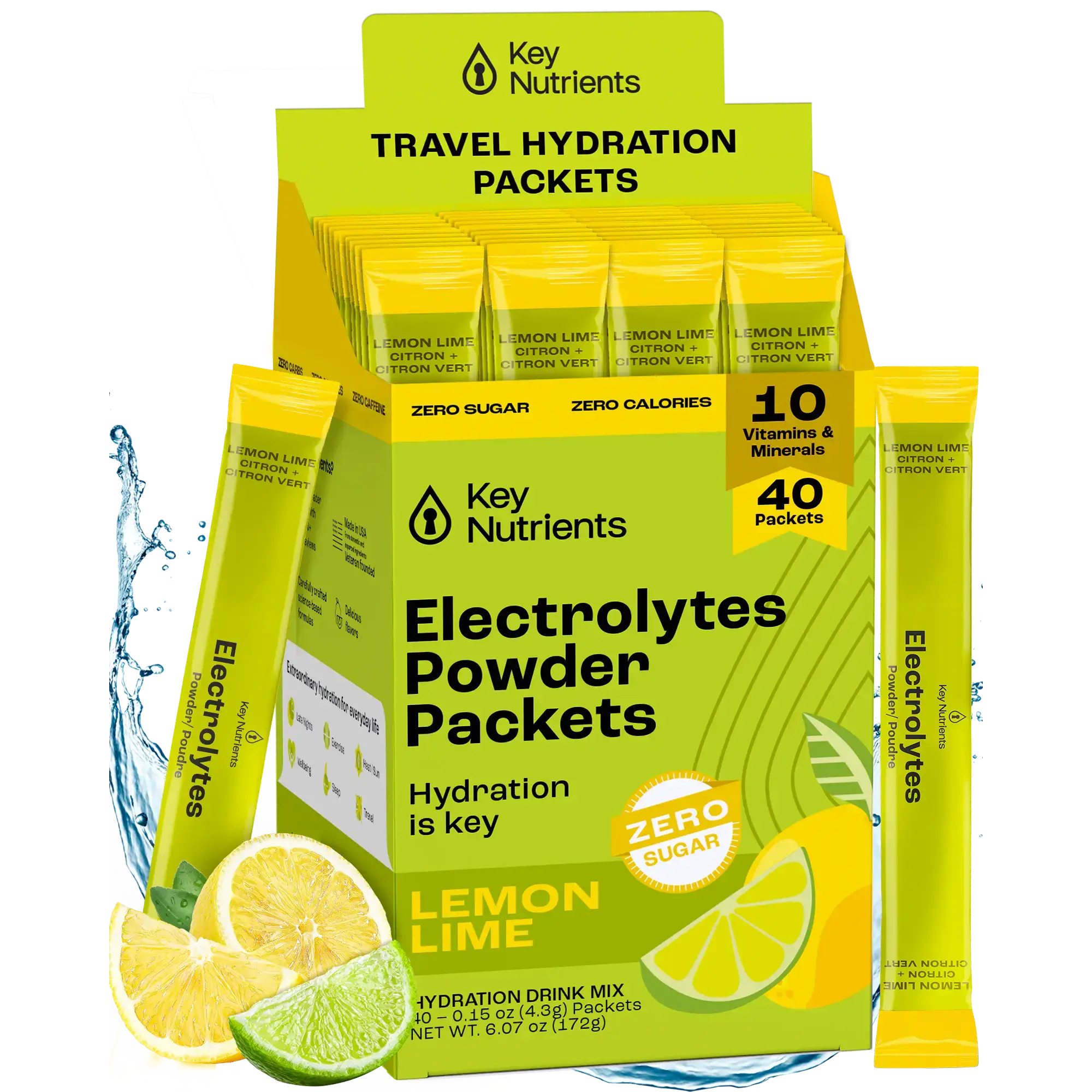 Sugar-Free Electrolyte Recovery Powder for Hydration in convenient travel packets, featuring lemon lime flavor.