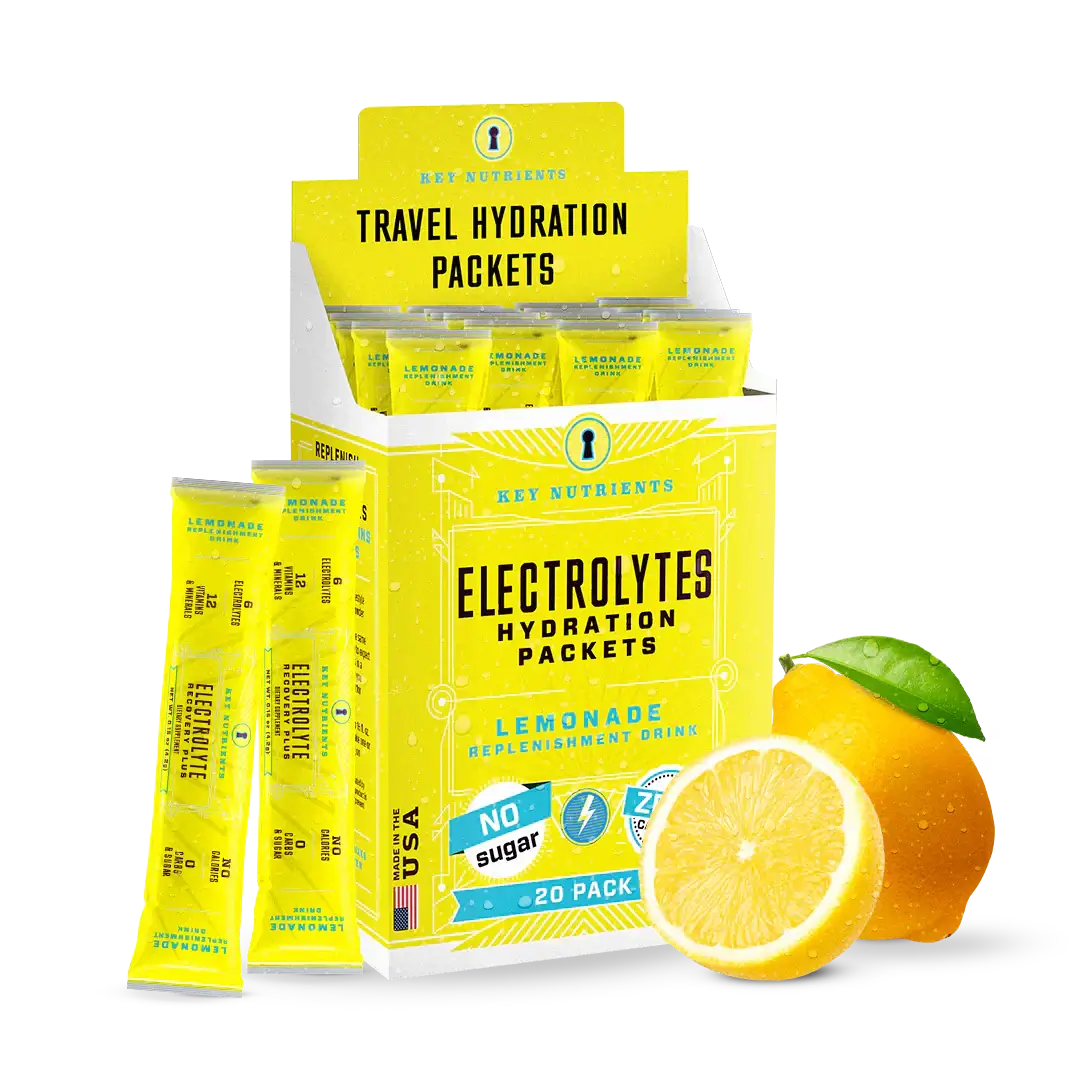 Sugar-Free Electrolyte Recovery Powder for Hydration travel hydration packets with lemonade flavor.
