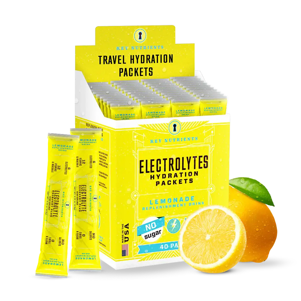 Sugar-Free Electrolyte Recovery Powder for Hydration in lemonade flavor, travel hydration packets.