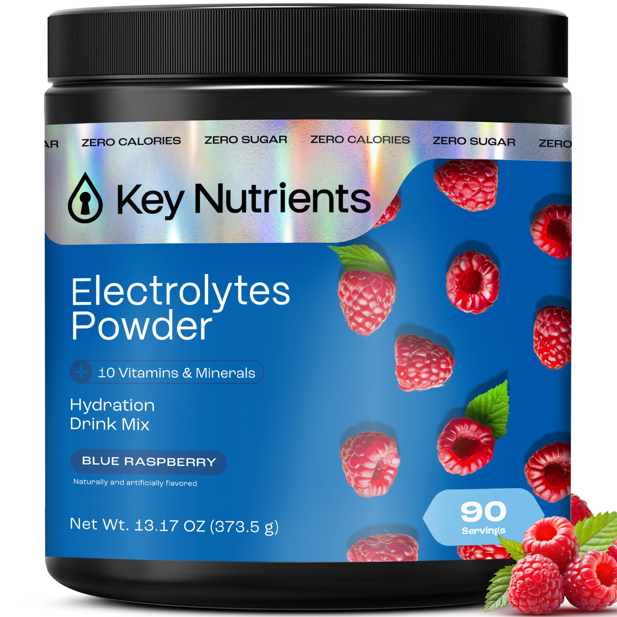 Sugar-Free Electrolyte Recovery Powder for Hydration in Blue Raspberry flavor with raspberries on the packaging.