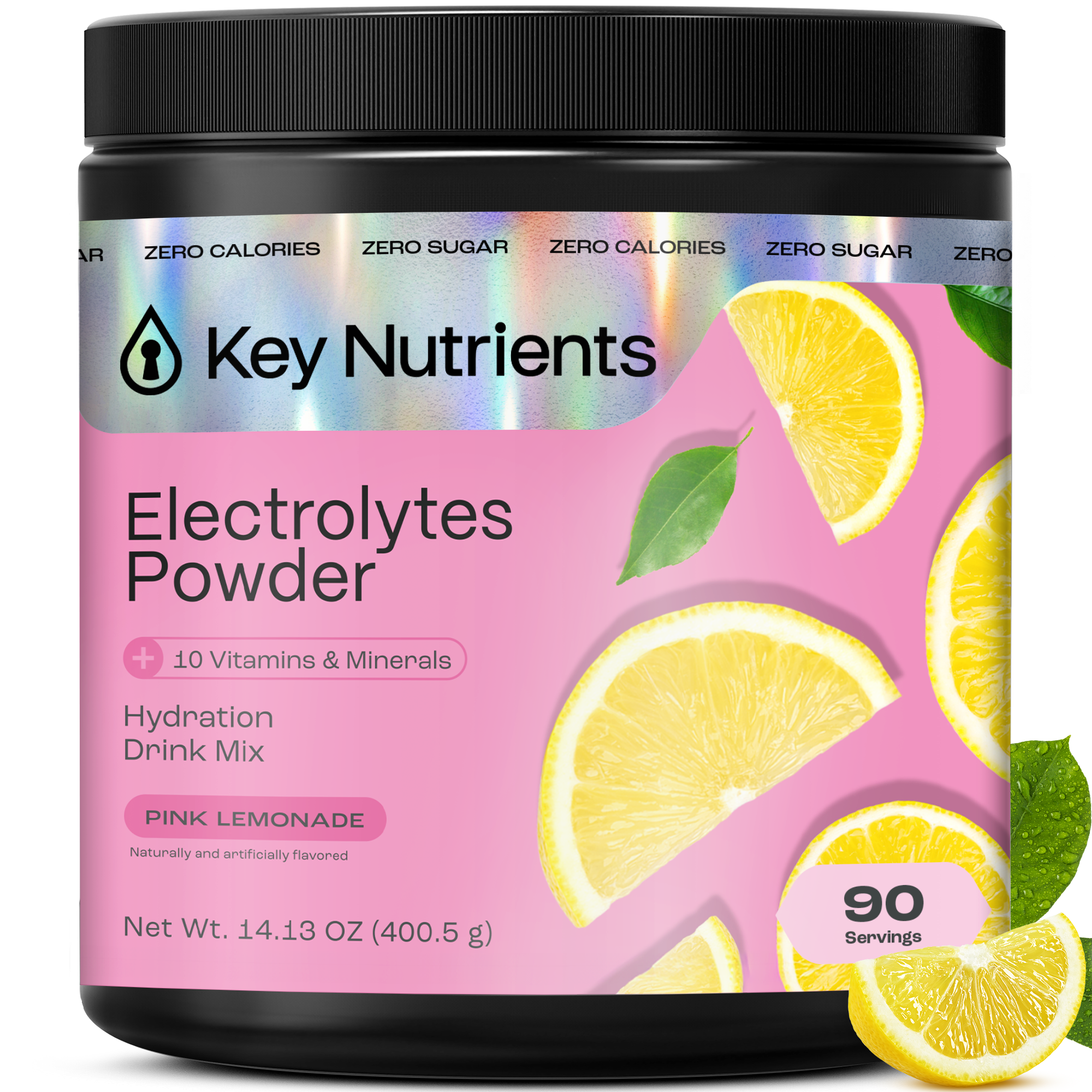 Sugar-Free Electrolyte Recovery Powder for Hydration in a Pink Lemonade flavor container, promoting hydration.