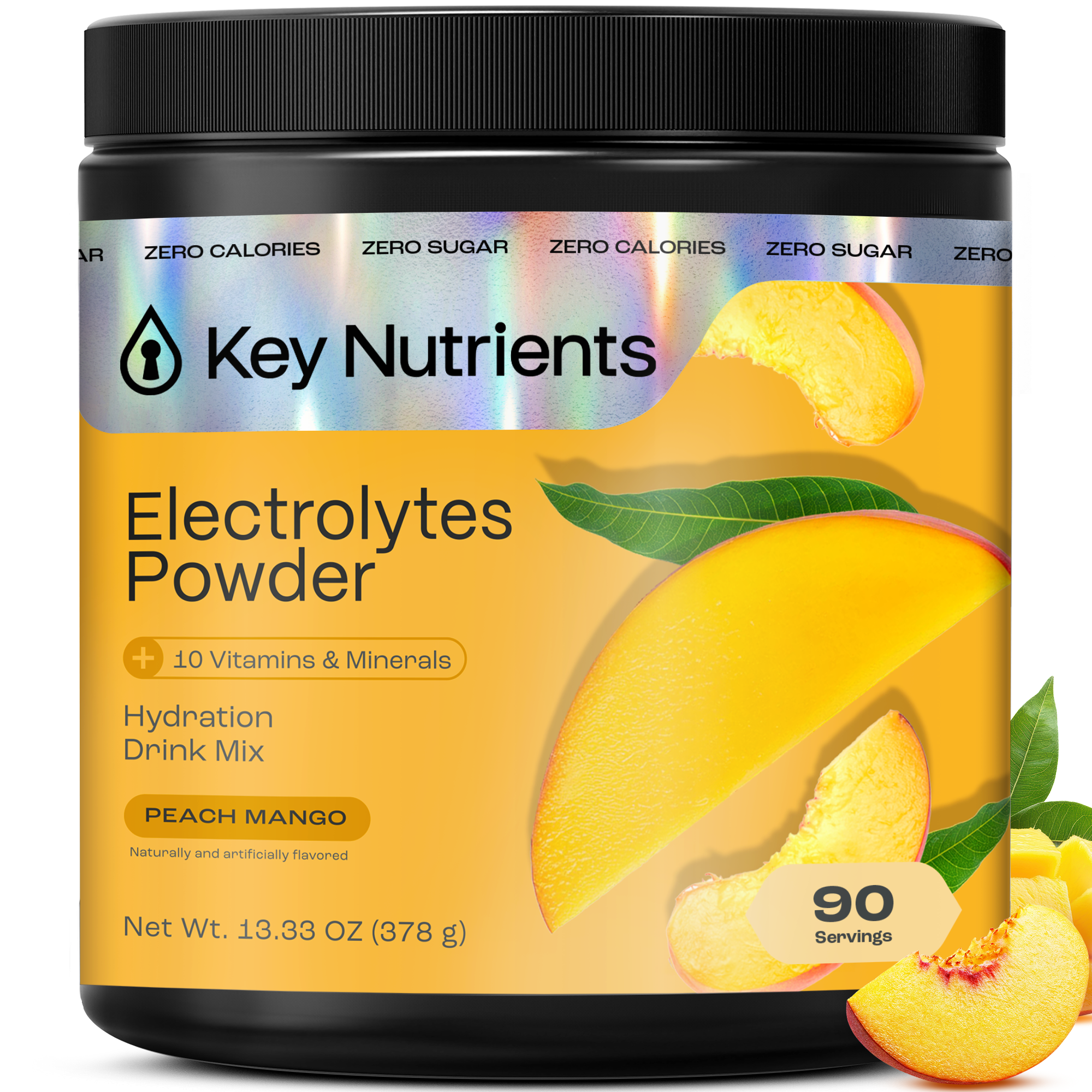 Sugar-Free Electrolyte Recovery Powder for Hydration in peach mango flavor, 90 servings, Key Nutrients.